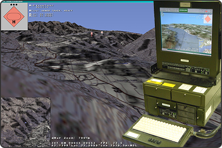 This image contains a screenshot of the 3D Terrain Visualization (3DTV) application in which there is a first-person view of rolling hills textured with military raster imagery, clickable icons of units in the field, a overhead scrolling map inset marking the user's position and orientation, and a text area indicating the user's latitude and longitude. Also pictured is the hardened and ruggedized military system running the 3DTV application.