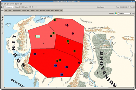 Screenshot of the Athena Human Social Cultural Behavior (HSCB) decision simulation application in which a 2D thematic map is overlayed with colored regions and unit icons.