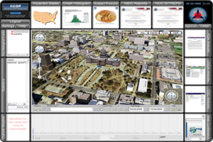 Screenshot of the Biosurveillance Common Operational Picture (BCOP) web application that consists of a 3D view of the U.S. Capitol in the center and surrounded by numerous dashboard components providing various modeling data and information.