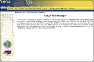 Screenshot of the Welcome page for the Configuration Management Quality Assurance (CQMA) tool, an online software configuration management tool that provided an environment for running quality assurance checks on battlefield functional area system software.
