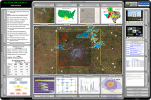 Screenshot of the Dynamic Preparedness System (DPS) prototype that consists of a 2D map overlaid with various icons, weather, and plume models in the center and surrounded by numerous dashboard components providing various modeling data and information.