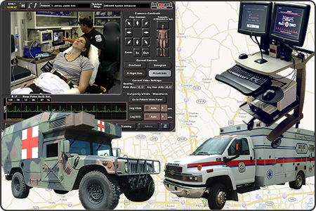 This image depicts 4 aspects of the DREAMS (Disaster Relief and Emergency Medical Services) Digital EMS project: a screenshot of the software user interface, a military HMMWV ambulance, a white civilian ambulance, and a dual-screen Physician cart.
