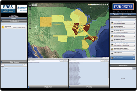 Screenshot of the Engaged to Excel (E2E) web application that consists of a 2D U.S. map overlaid with various icons and animal movement lines as well as colored states. The map is surrounded by numerous dashboard components providing various modeling data and information.