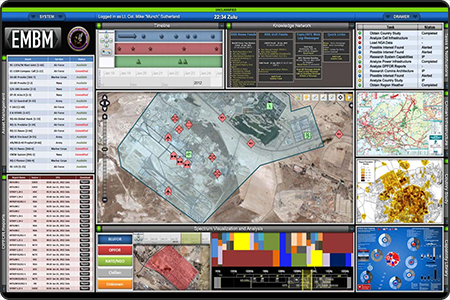 Screenshot of the Electromagnetic Battle Management (EMBM) proof-fo-concept dashboard displaying a 2D aerial map in the center overlayed with filled boundaries and icons. The map is surrounded by numerous by numerous dashboard components providing various modeling data and information.