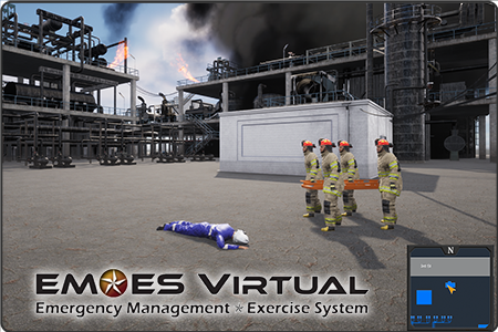 Screenshot of the first-person Emergency Management Exercise System – Virtual (EM*ES Virtual) simulation-based virtual training system. The screen displays multiple fire personnel carrying a stretcher to retrieve an injured industry worker.
