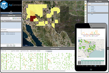 Screenshot of the AgConnect Enhanced Passive Surveillance (EPS) web application that consists of a 2D map of the south-western U.S. and various counties colored within Arizona and New Mexico. The map is surrounded by numerous dashboard components providing various modeling data and information. Overlayed on the image is an iPad showing a screenshot of the mobile app with Texas counties color-coded and a graph of data.