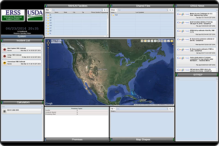 Screenshot of the Emergency Response Support System (ERSS) web application that consists of a 2D U.S. topographic map in the center surrounded by numerous dashboard components providing various modeling data and information.