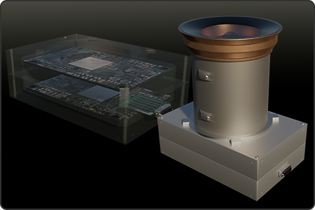 Solid rendering of an Event-based Image Sensing camera system alongside a semi-transparent rendering of the electronics module.