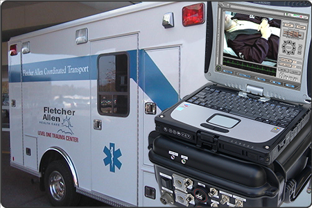 This image depicts several aspects of the FASTSTAR (Fletcher Allen Specialized Telemedicine for Supporting Transfer And Rescue) digital ambulance project: a rugged mobile laptop with a FASTSTAR screenshot, a rugged Grab & Go case with external connectors for various devices, and a photo of the FASTSTAR ambulance.