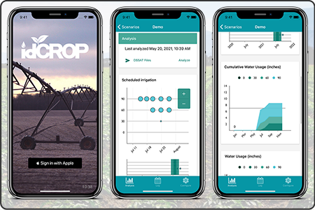 Image of three smartphones displaying login and two results screenshots from the Irrigation Decision Support System for Conserving Resources and Optimizing Production (idCROP) mobile application.