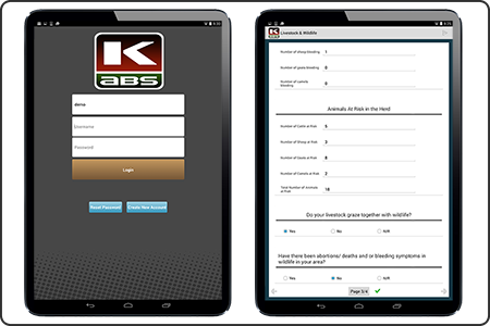 Image of two iPads displaying the login and data entry screens for the Kenya Animal Biosurveillance System (KABS) mobile application.