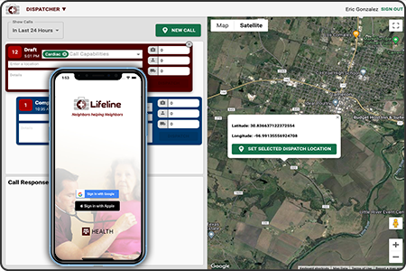 Screenshots of Lifeline dispatcher web application consisting of a a 2D aerial map on the right overlayed with a selected dispatch location and a list of events/personnel on the left. Overlayed on top of the screenshot is a smartphone with the Lifeline app login screen.