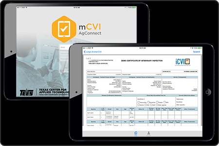 Image of two iPads displaying the Mobile application for Certificates of Veterinary Inspection (mCVI) login screen and an example Certificate of Veterinary Inspection.