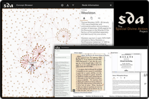 Image containing two screenshots Special Divine Action (SDA) application: one showing a force-directed graph of related literary works and a second showing the imagery and scanned text from a digital book.