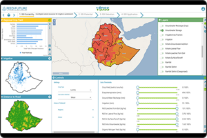 Screenshot of the Visual Interface for the Integrated Decision Support System (VIDSS) web application displaying multiple agriculture-related thematic maps and information dashboard components.